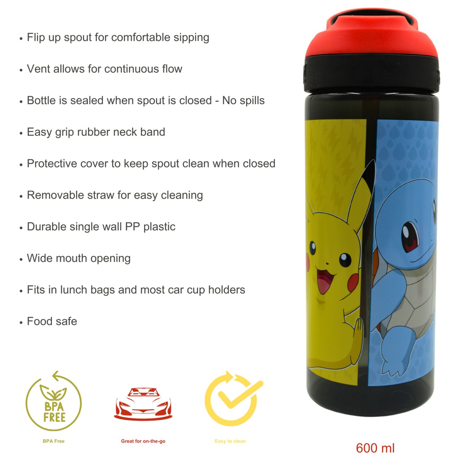 Zak Atlantic Pokemon Multicolour Sipper Water Bottle 600ml (British brand)