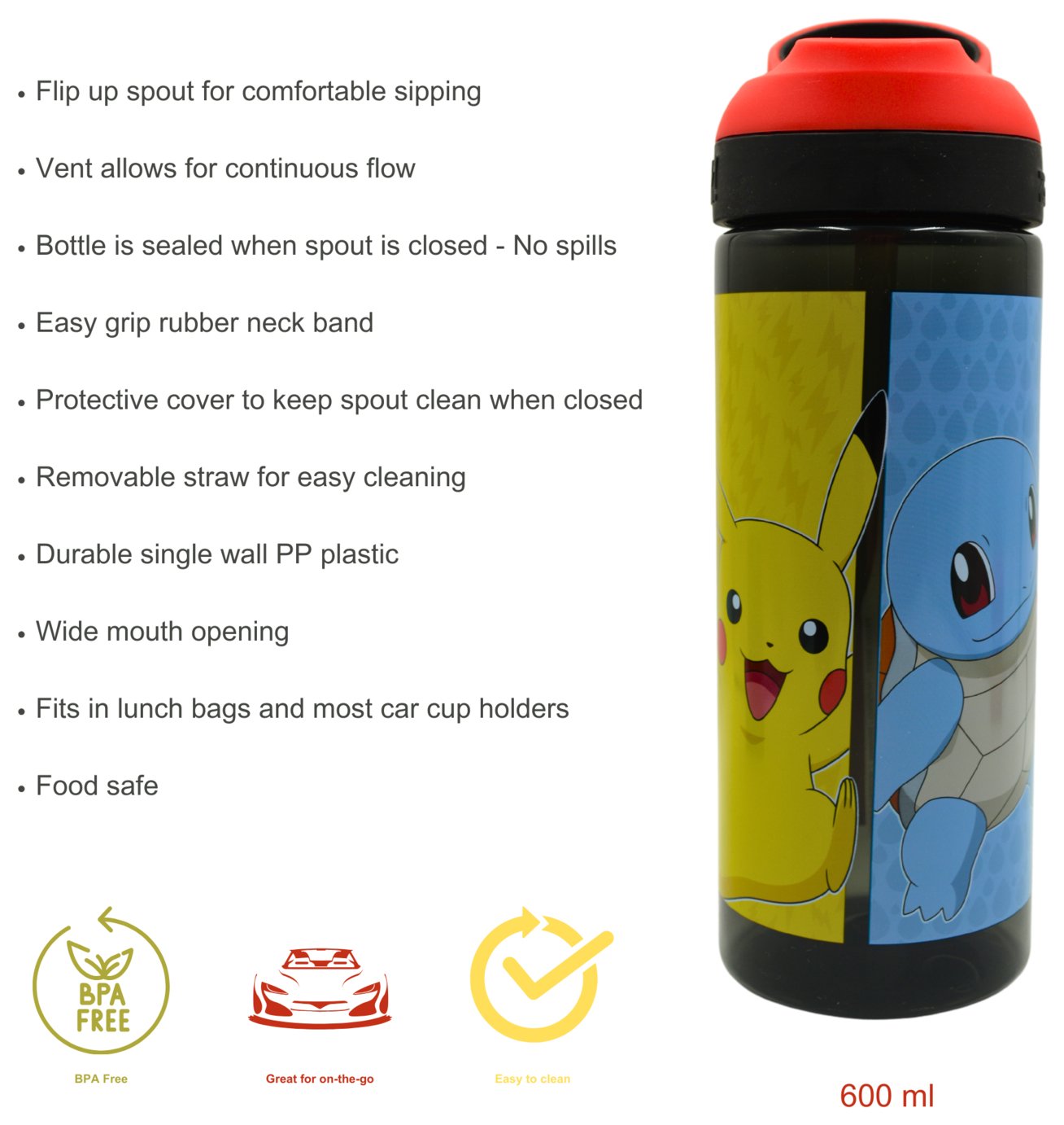 Zak Atlantic Pokemon Multicolour Sipper Water Bottle 600ml (British brand)