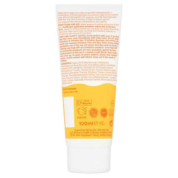 Superdrug Solait baby solkrem SPF50 100ml (britisk merke)