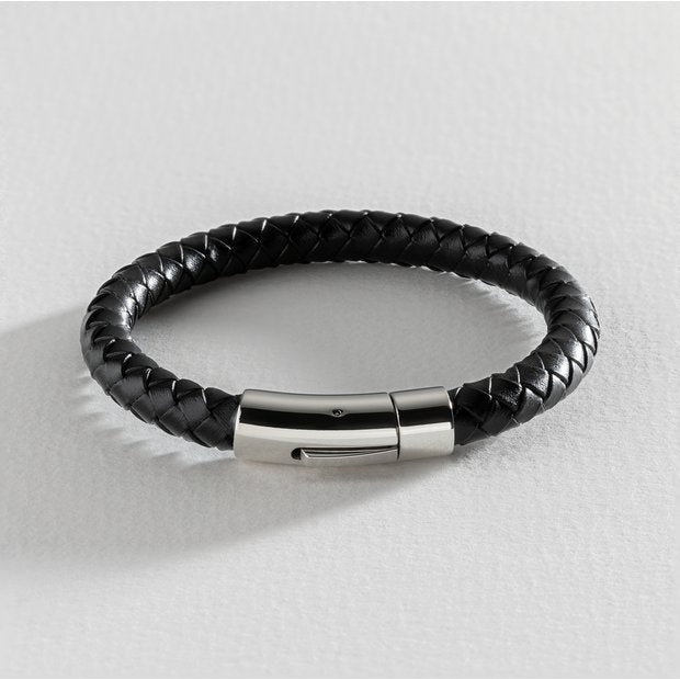 Revere men's black leather braided bracelet 21cm - British product