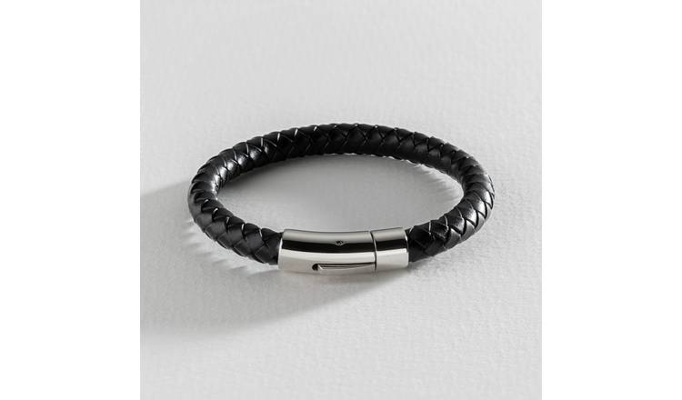 Revere men's black leather braided bracelet 21cm - British product
