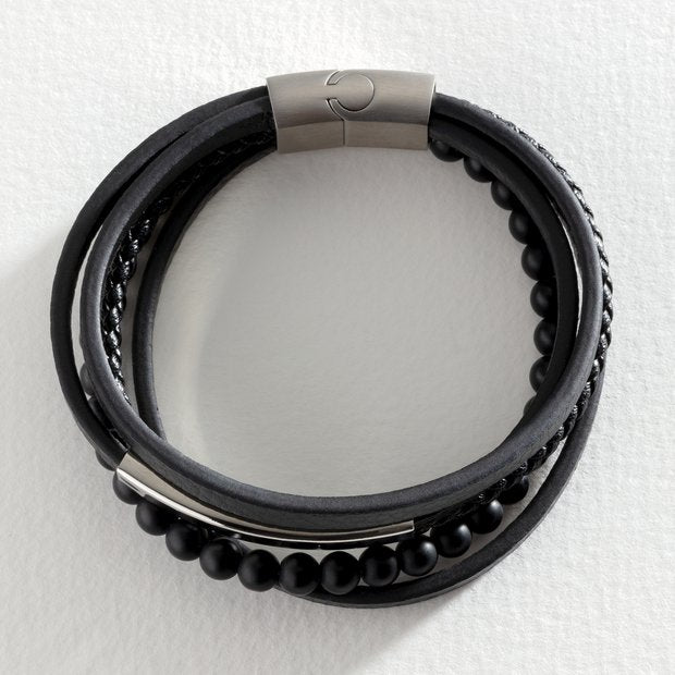 Revere black leather stainless steel layered bracelet (British brand)