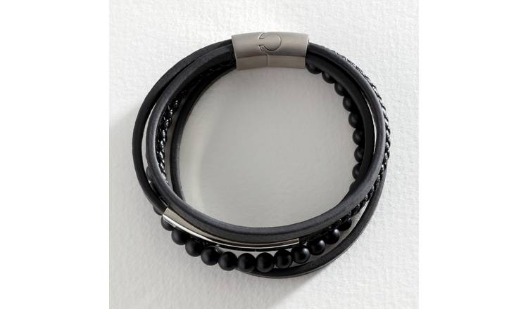 Revere black leather stainless steel layered bracelet (British brand)
