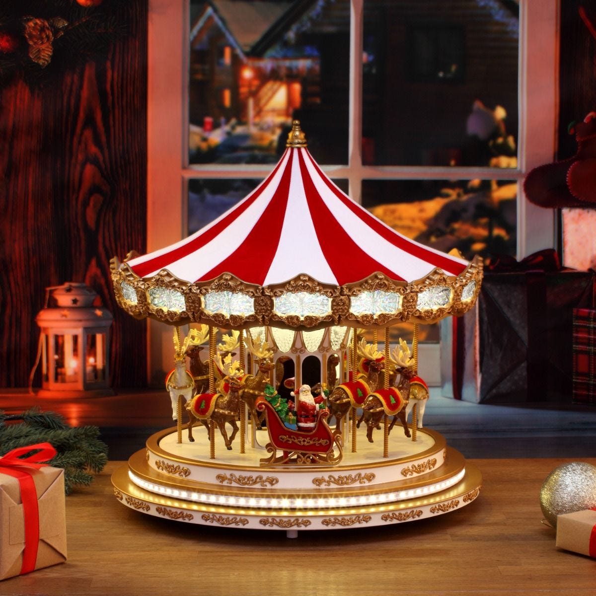 Animated Christmas carousel with hand-painted Santa and reindeer, (British brand)