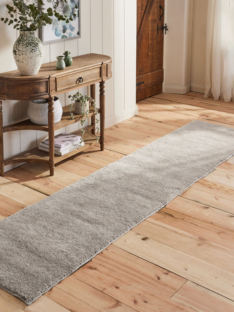 Light grey cosy washable shaggy runner rug, imported from the UK