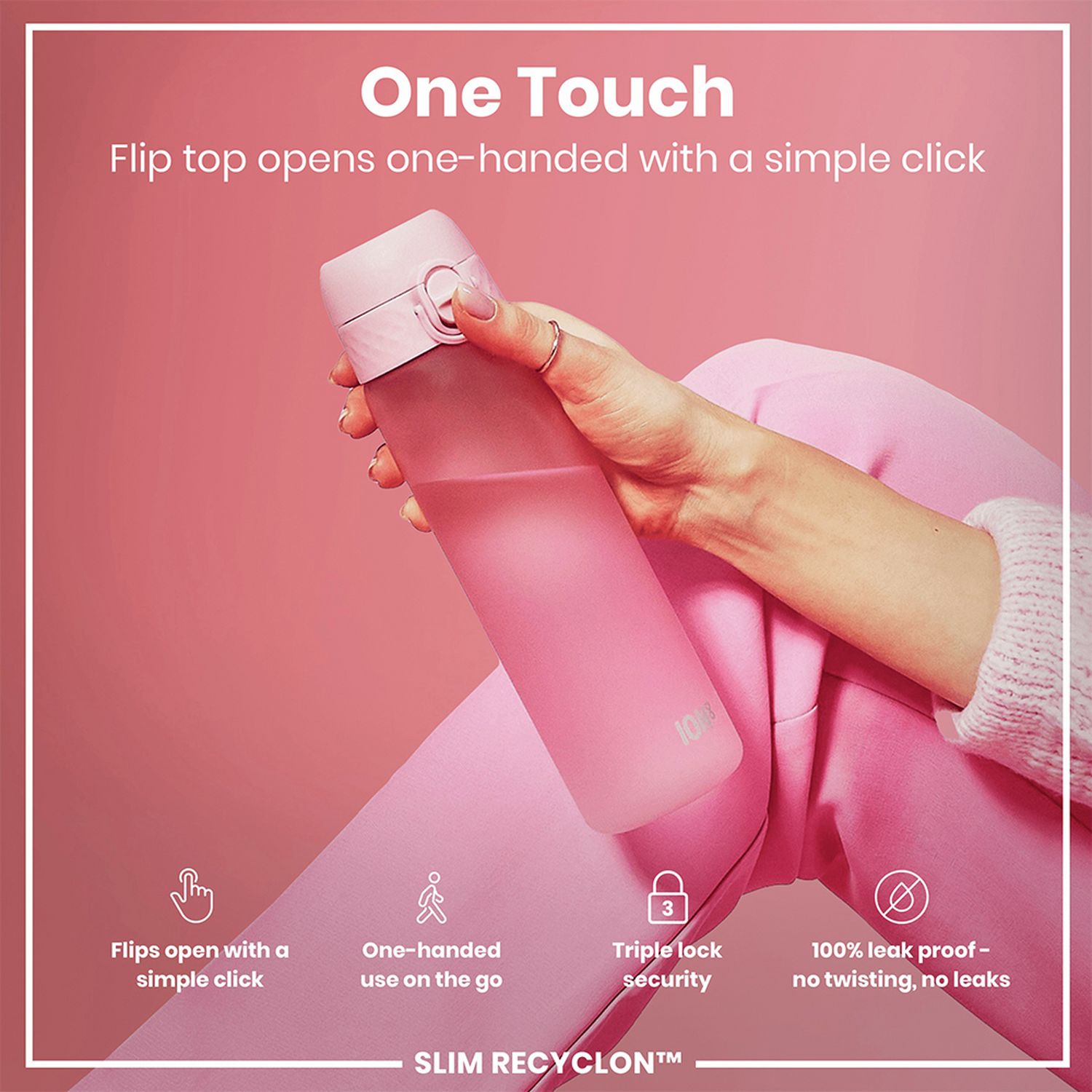 Ion8 rose pink water bottle 500ml, UK version