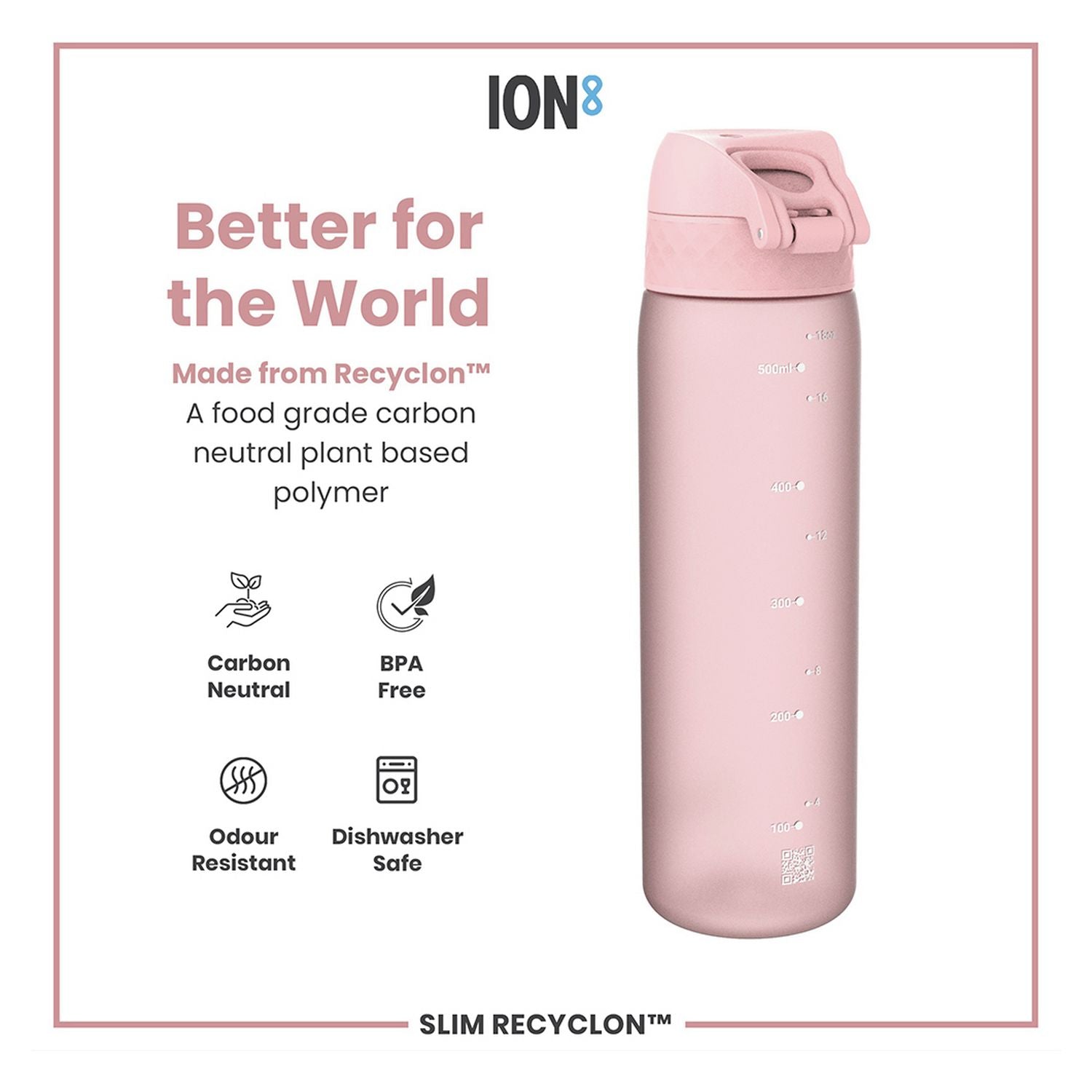 Ion8 rose pink water bottle 500ml, UK version