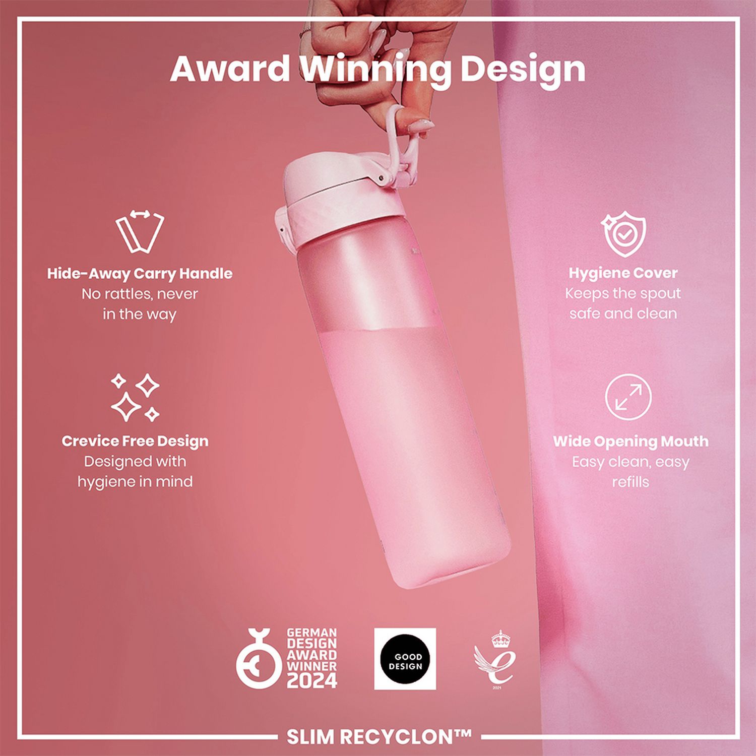 Ion8 rose pink water bottle 500ml, UK version