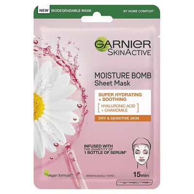 Superdrug Garnier Moisture Bomb Chamomile Hyaluronic Acid Soothing Sheet Mask 28g- Buy online at McGrocer