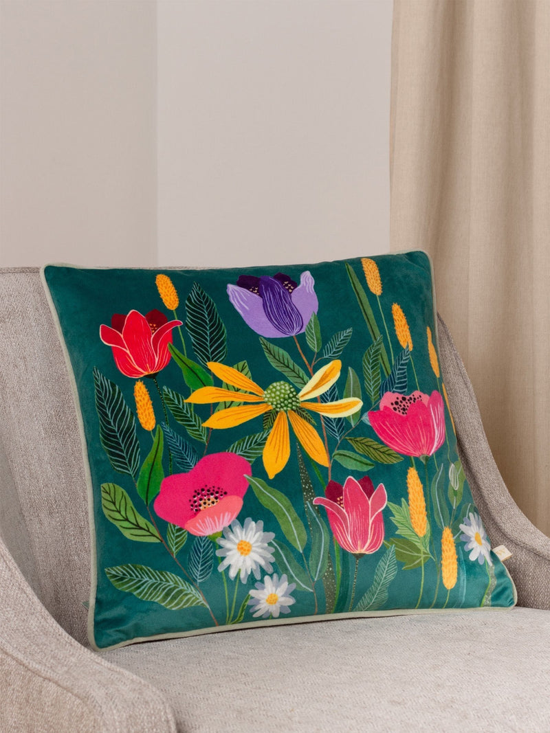 Wylder cushion celandine floral velvet piped 43cm, imported from the UK