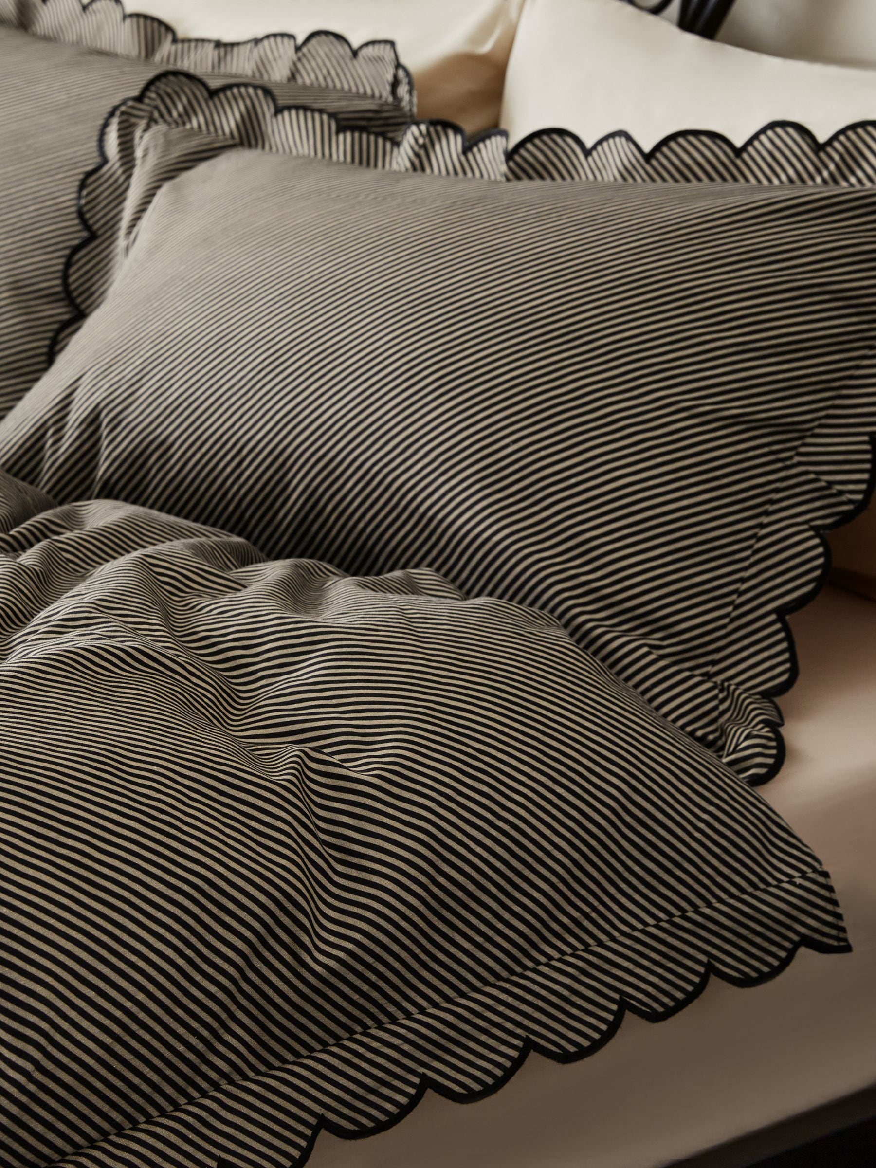 Rockett St George black pencil stripe scalloped duvet cover and pillowcase set, imported from the UK