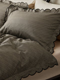 Rockett St George black pencil stripe scalloped duvet cover and pillowcase set, imported from the UK