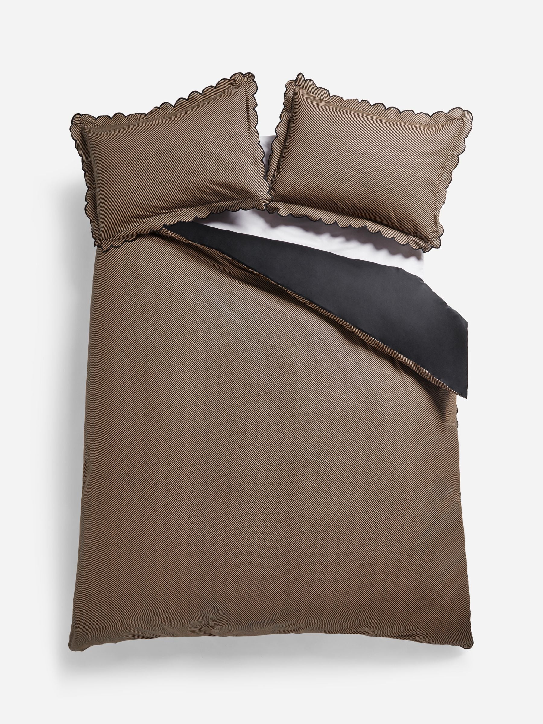 Rockett St George black pencil stripe scalloped duvet cover and pillowcase set, imported from the UK