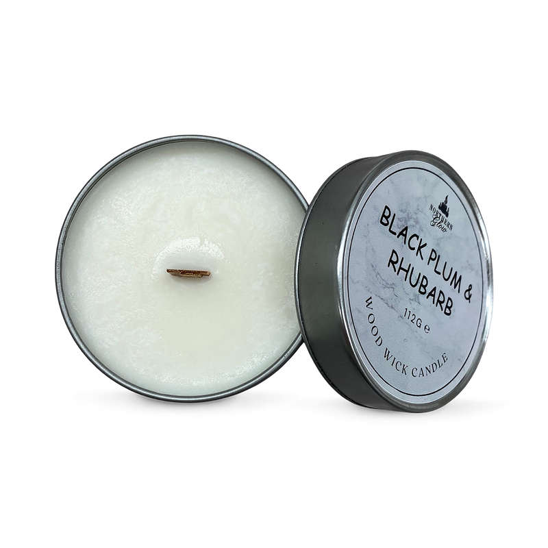 Scented wood wick candle Black Plum Rhubarb 112g, imported from the UK