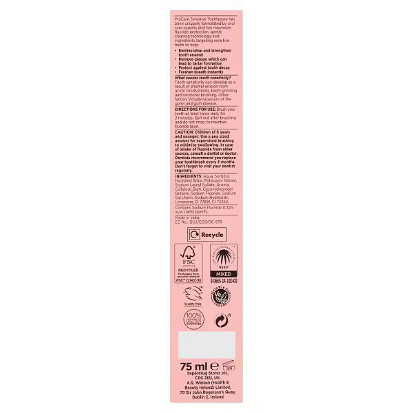Superdrug Procare Sensitive toothpaste 75ml (British brand)