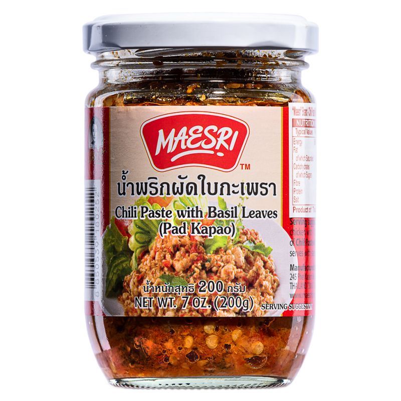 Maesri Pad Kapao chili paste with basil leaves (British brand)