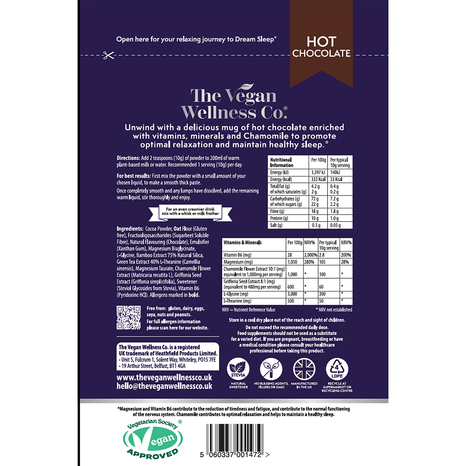 The Vegan Wellness Co. Dream Sleep Set hot chocolate 200g (British brand)