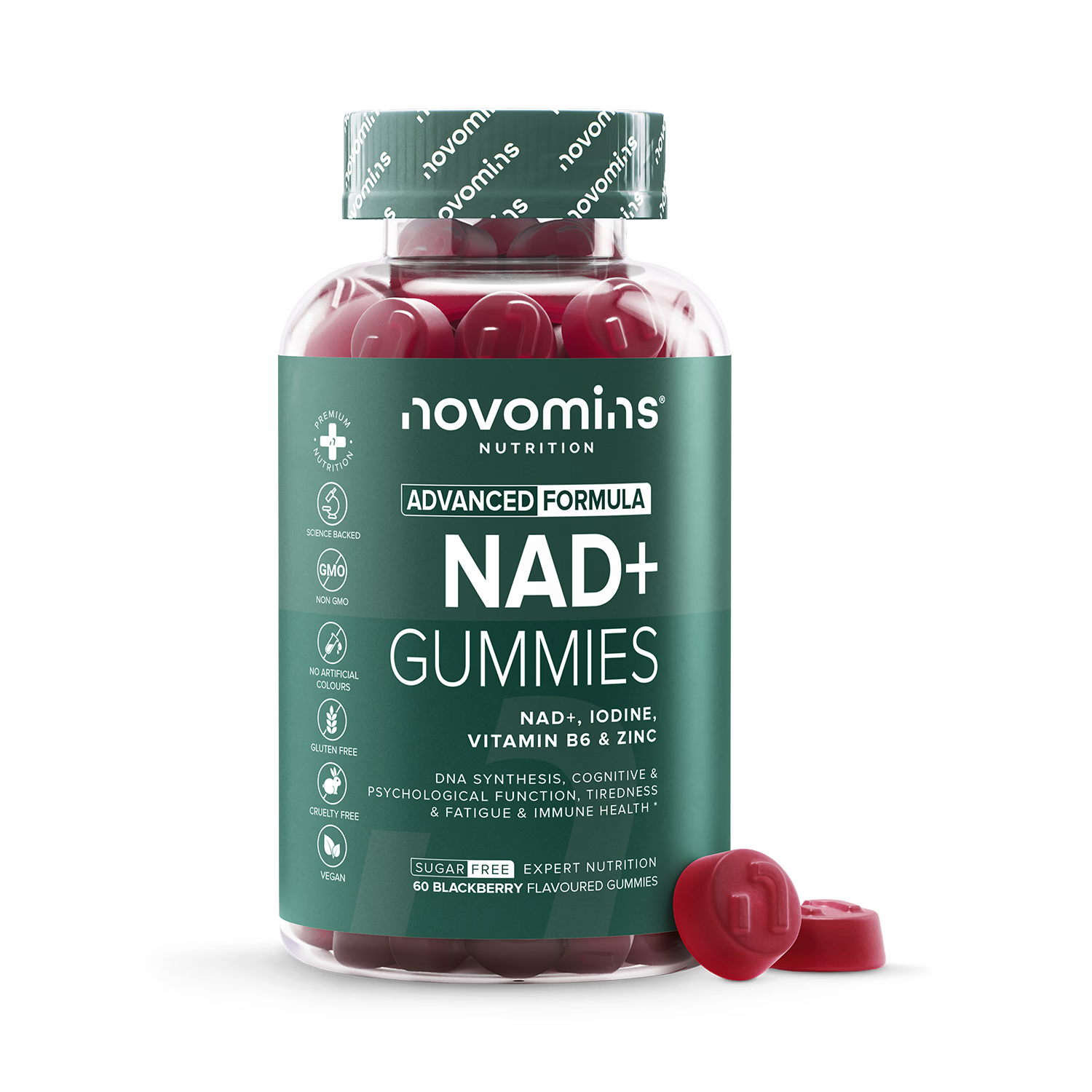 Novomins NAD+ blackberry flavour gummies 60 count, imported from the UK
