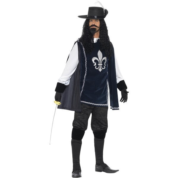 Smiffys Musketeer Male Costume with Top, Hat, Navy Gloves, Boot Covers, Beard & Tash