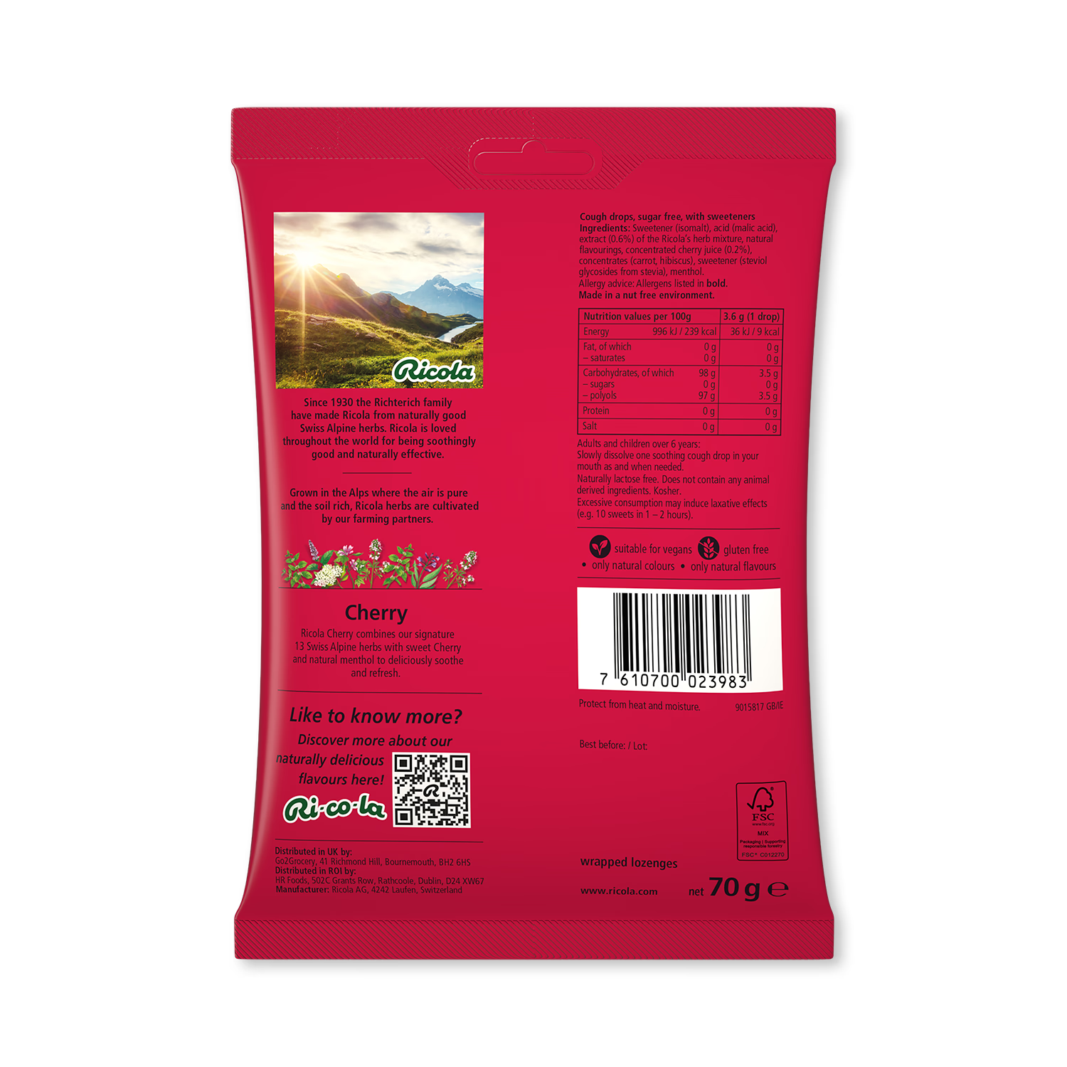 Ricola cough drops cherry flavour 70g (British brand)
