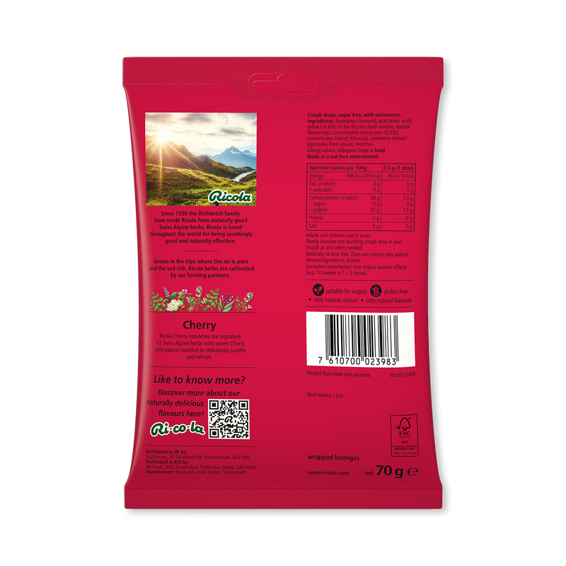 Ricola cough drops cherry flavour 70g (British brand)