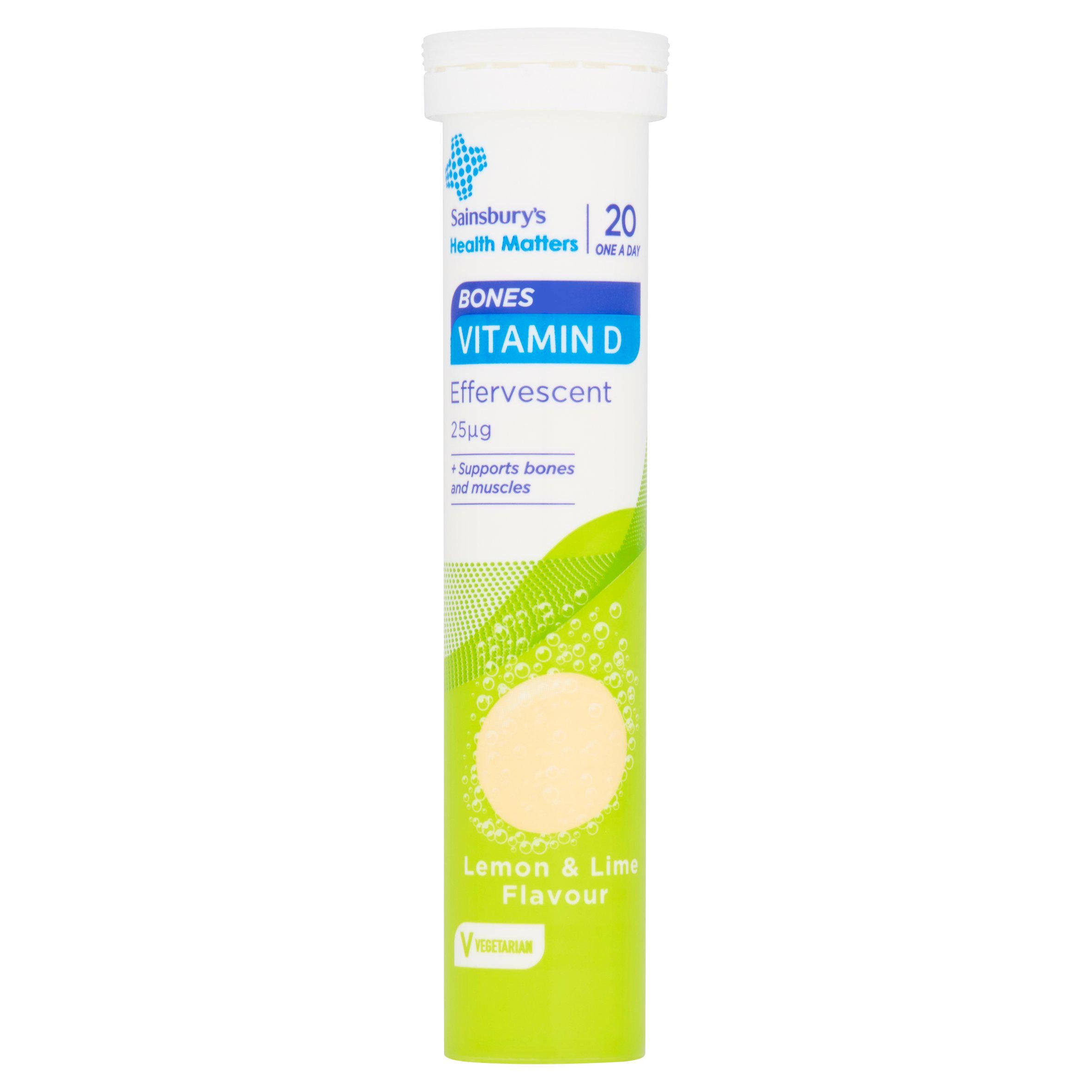 Sainsbury's Bones Vitamin D 25µg Effervescent Lemon & Lime Flavour 20 One a Day bone & joint care Sainsburys   