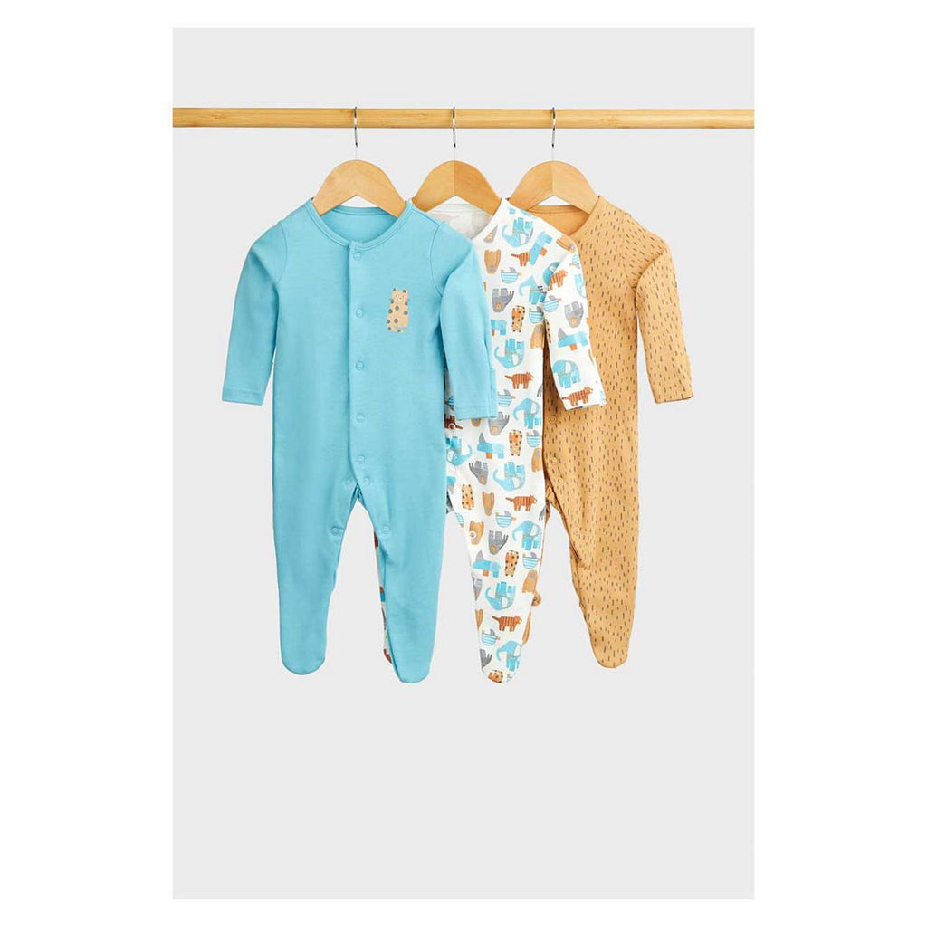 Mothercare Tiger and Elephant Baby Sleepsuits - 3 Pack