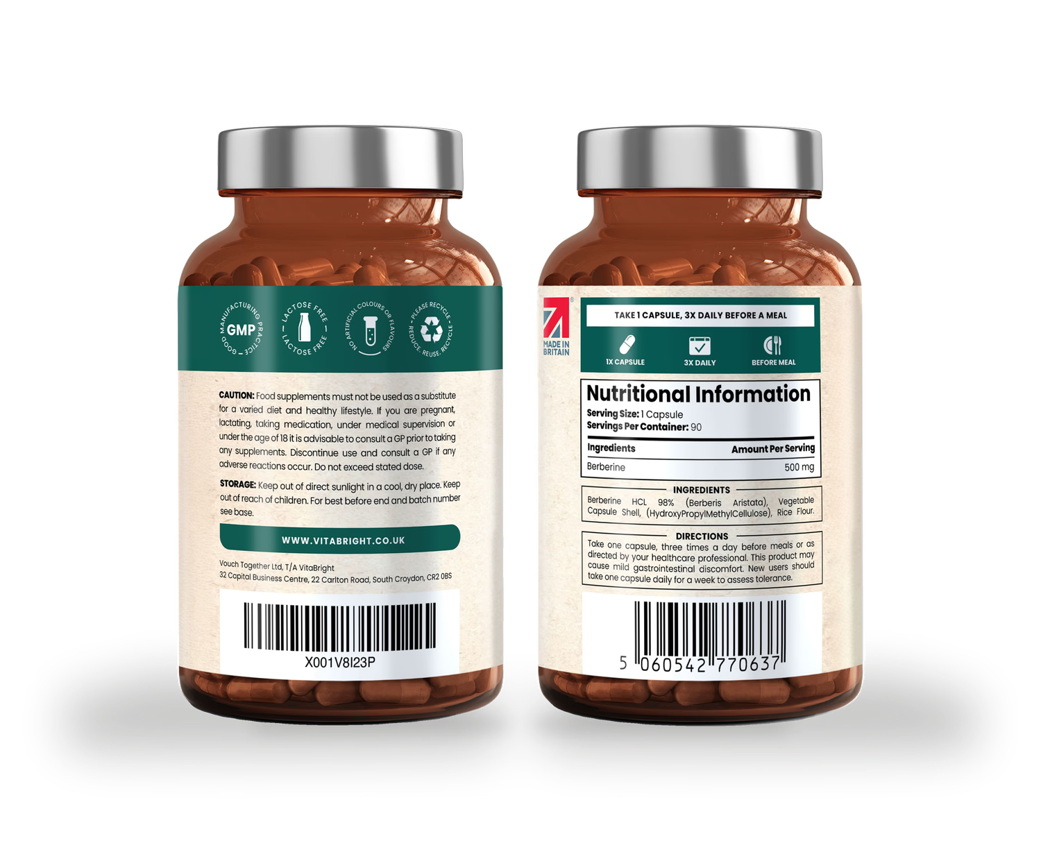 VitaBright Berberine HCL supplement 98% purity 90 capsules (British brand)