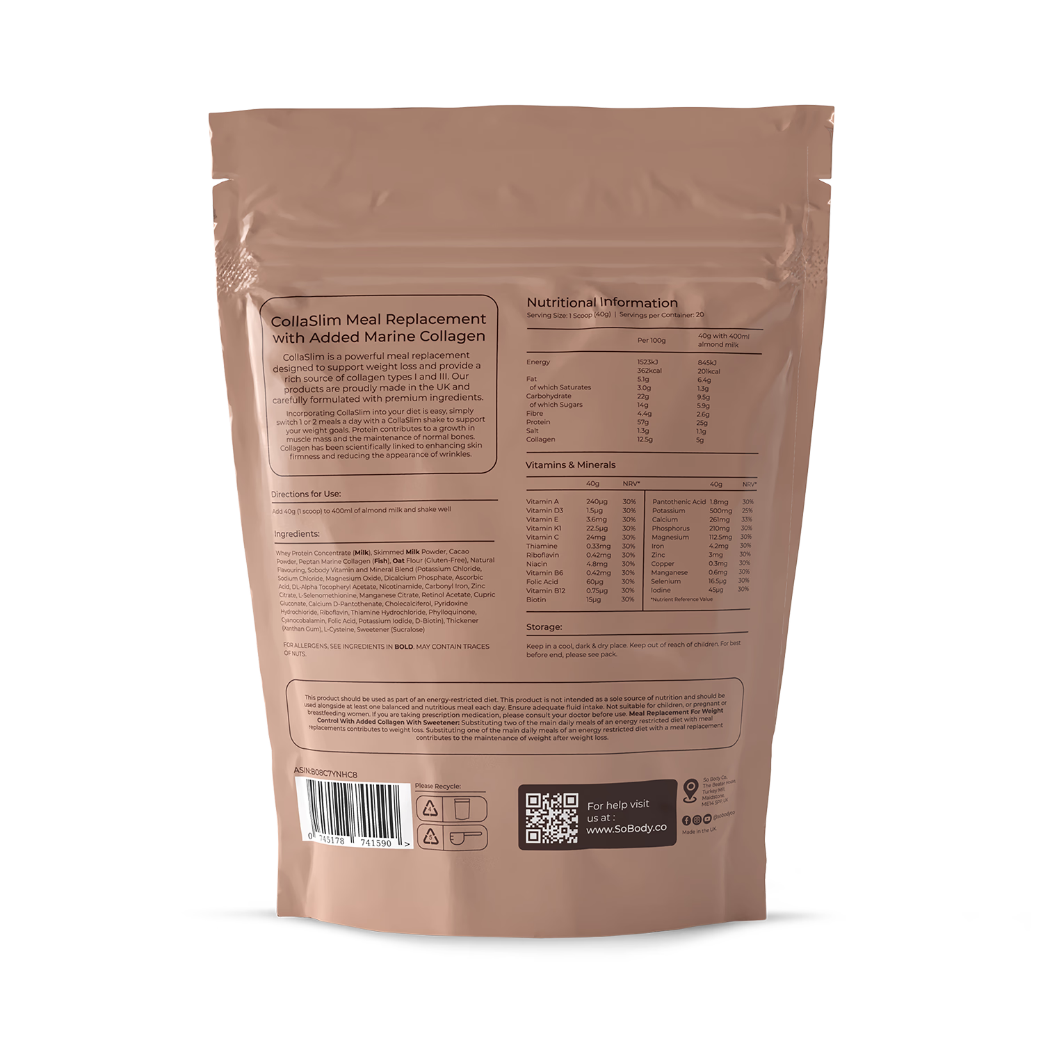 So Body Co CollaSlim chocolate shake 40g pack, imported from the UK