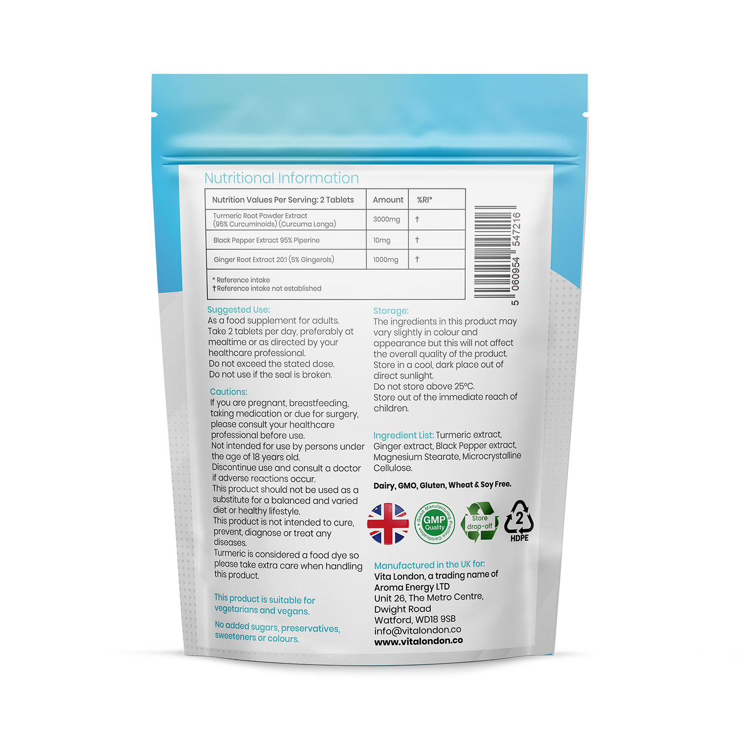 Vita London high strength curcumin supplement 4000mg 120 tablets, imported from the UK