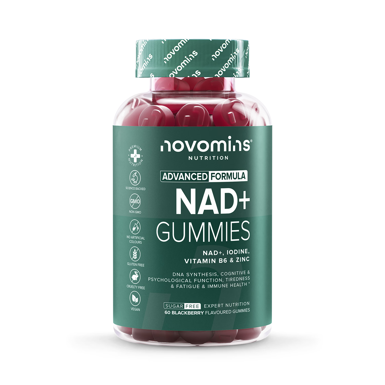 Novomins NAD+ blackberry flavour gummies 60 count, imported from the UK