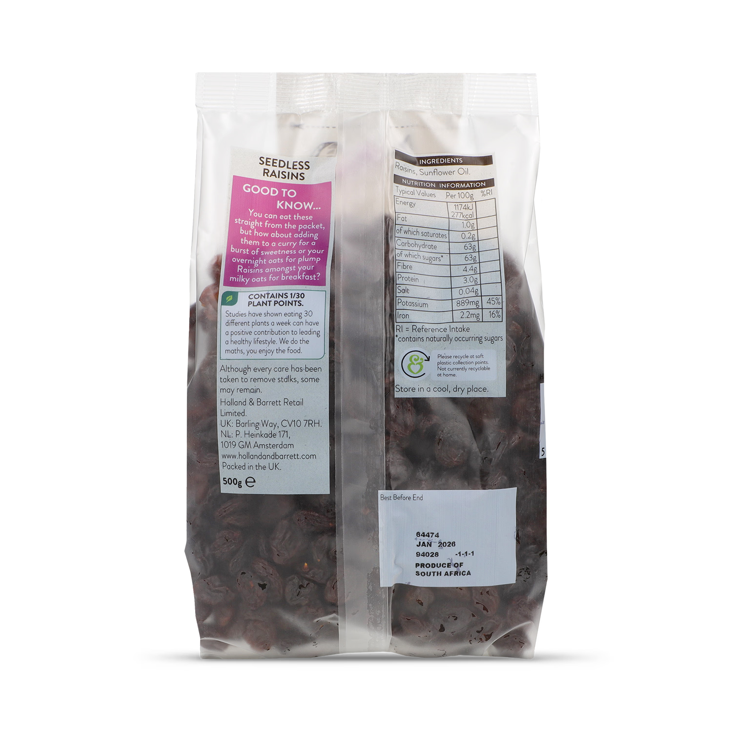 Holland & Barrett seedless raisins 500g (British brand)