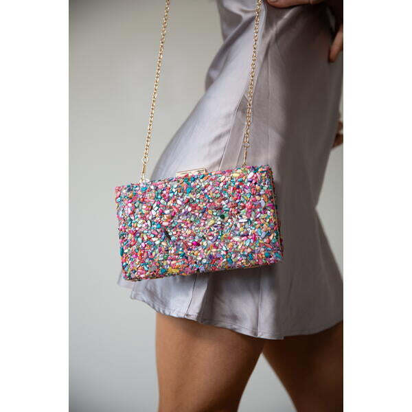 SVNX embellished square clutch bag in multi, UK version