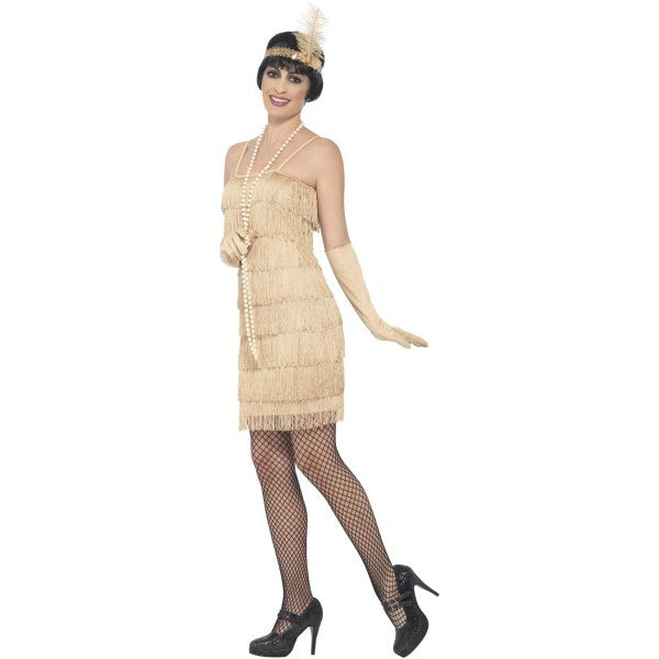 Smiffys Flapper Costume, Gold, with Short Dress