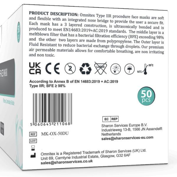 Omnitex Type IIR black disposable surgical face mask 50pk, UK version