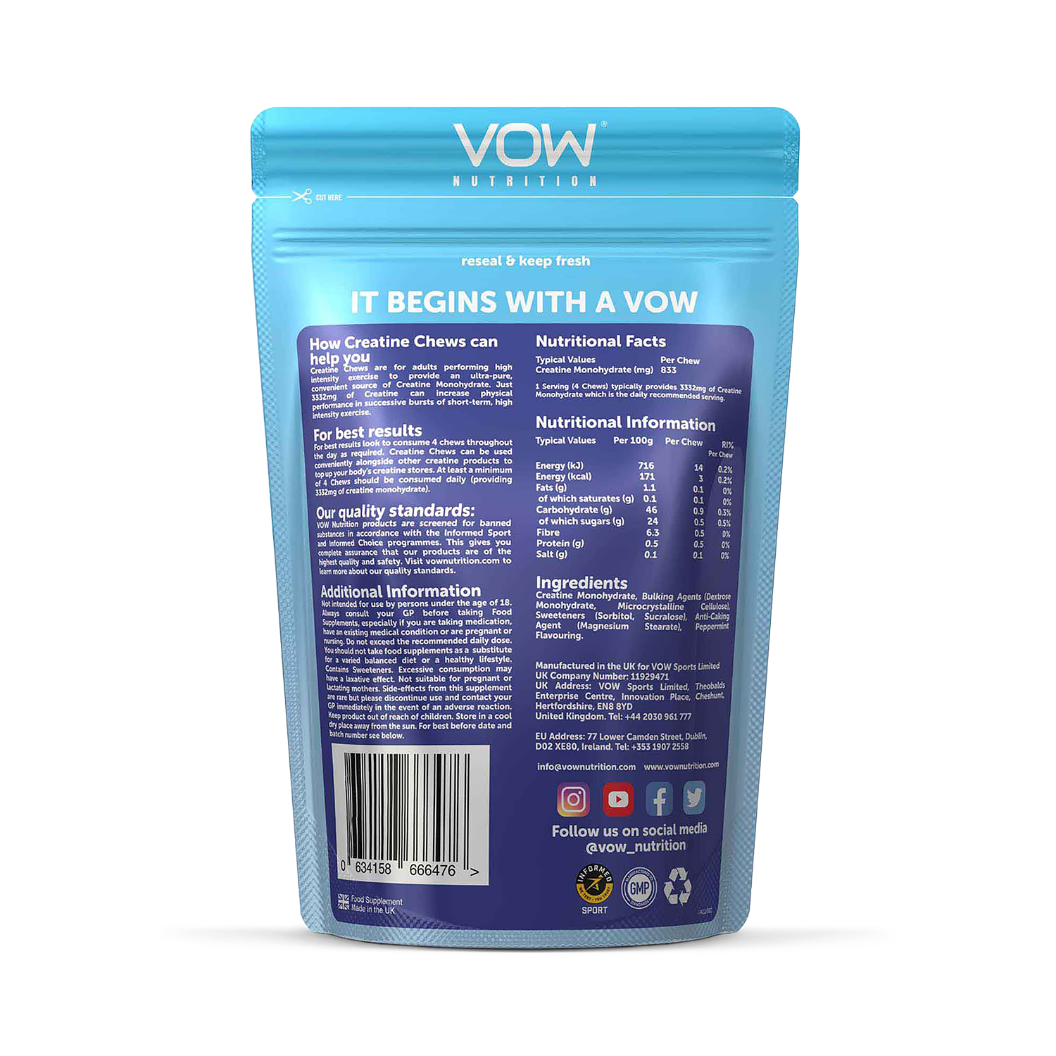 Vow Nutrition Creatine Chews Mint 100 Chews (British brand)