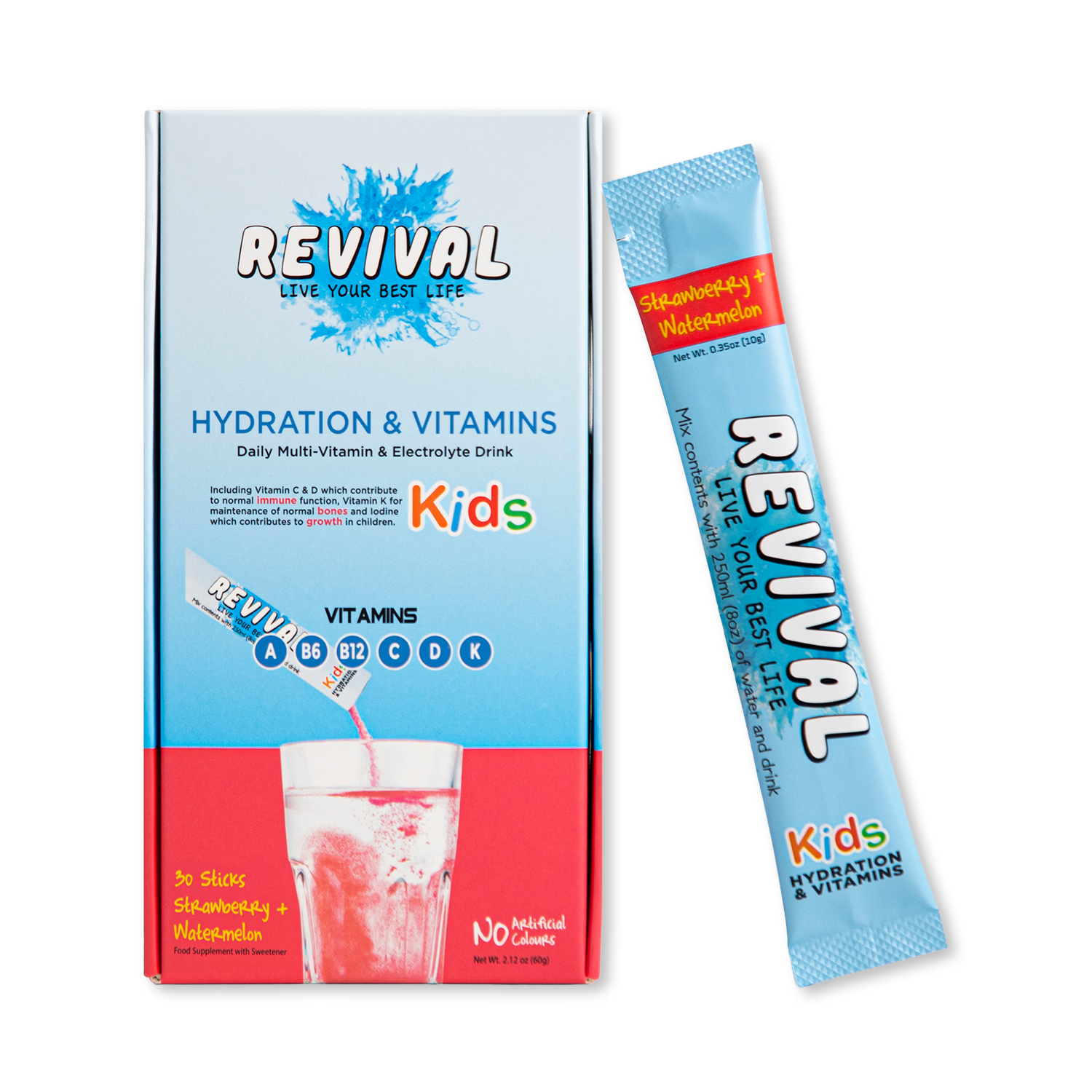 Revival kids strawberry watermelon vitamin drink 30 sachets, UK version