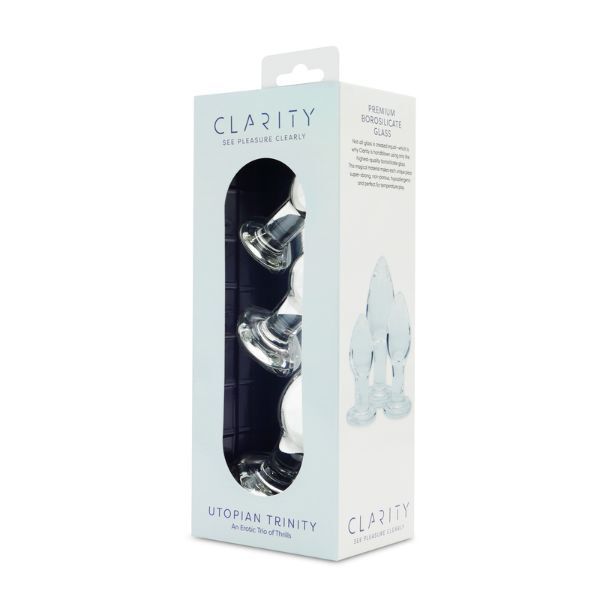 Clarity Utopian Trinity glass butt plug set, UK version