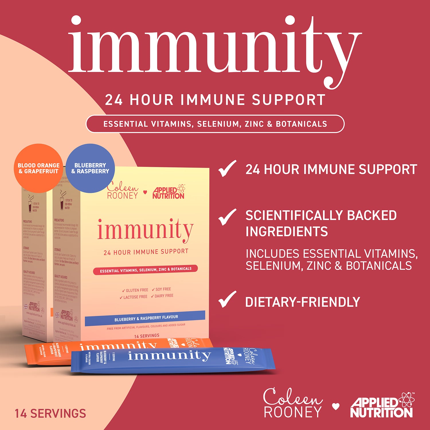 Applied Nutrition Immunity Support Powder Sticks Blueberry and Raspberry Flavor 14 x 5g Sachets - British product