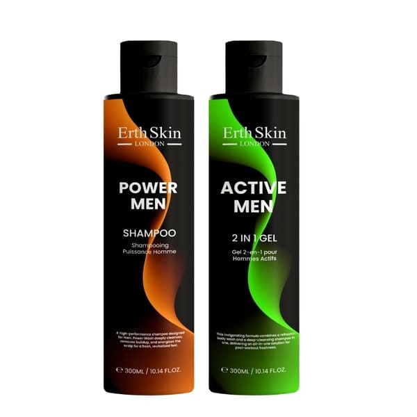 Erth Skin London Power Men Shampoo and Active 2in1 Gel 2x300ml, imported from the UK