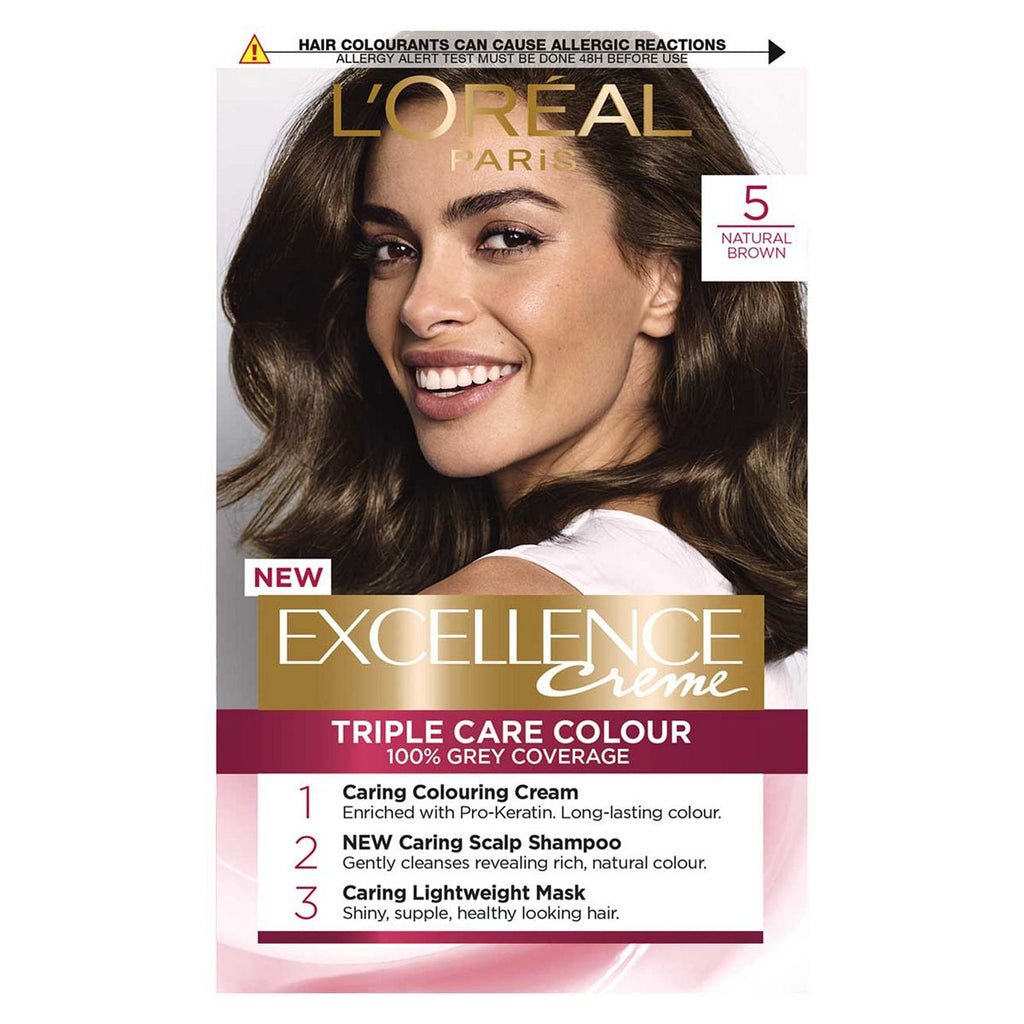 L’Oréal Paris Excellence Crème Permanent Hair Dye, Up to 100% Grey Hair Coverage, 5 Natural Brown