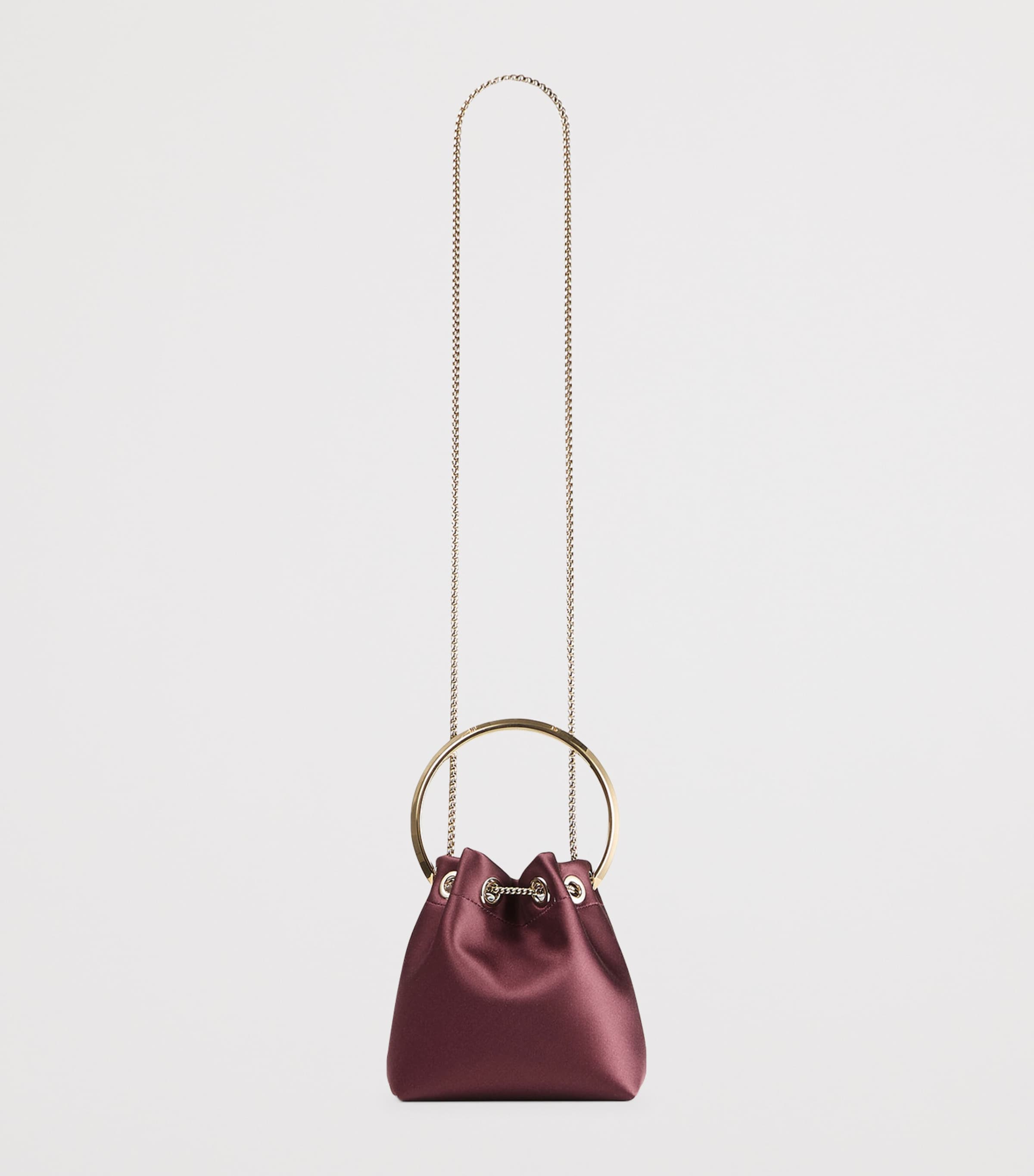 Jimmy Choo Bon Bon satin top-handle bag in claret, imported from the UK