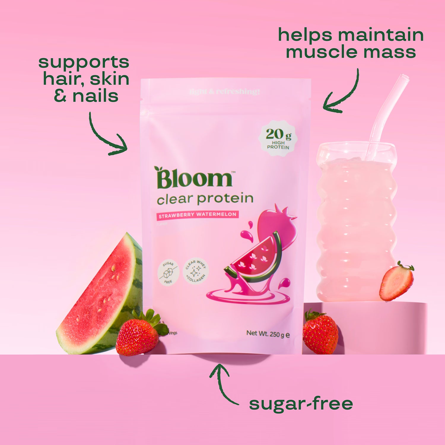 Bloom clear protein collagen strawberry watermelon 250g (British brand)