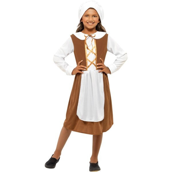 Smiffys Tudor Girl costume brown dress hat mock apron - British product