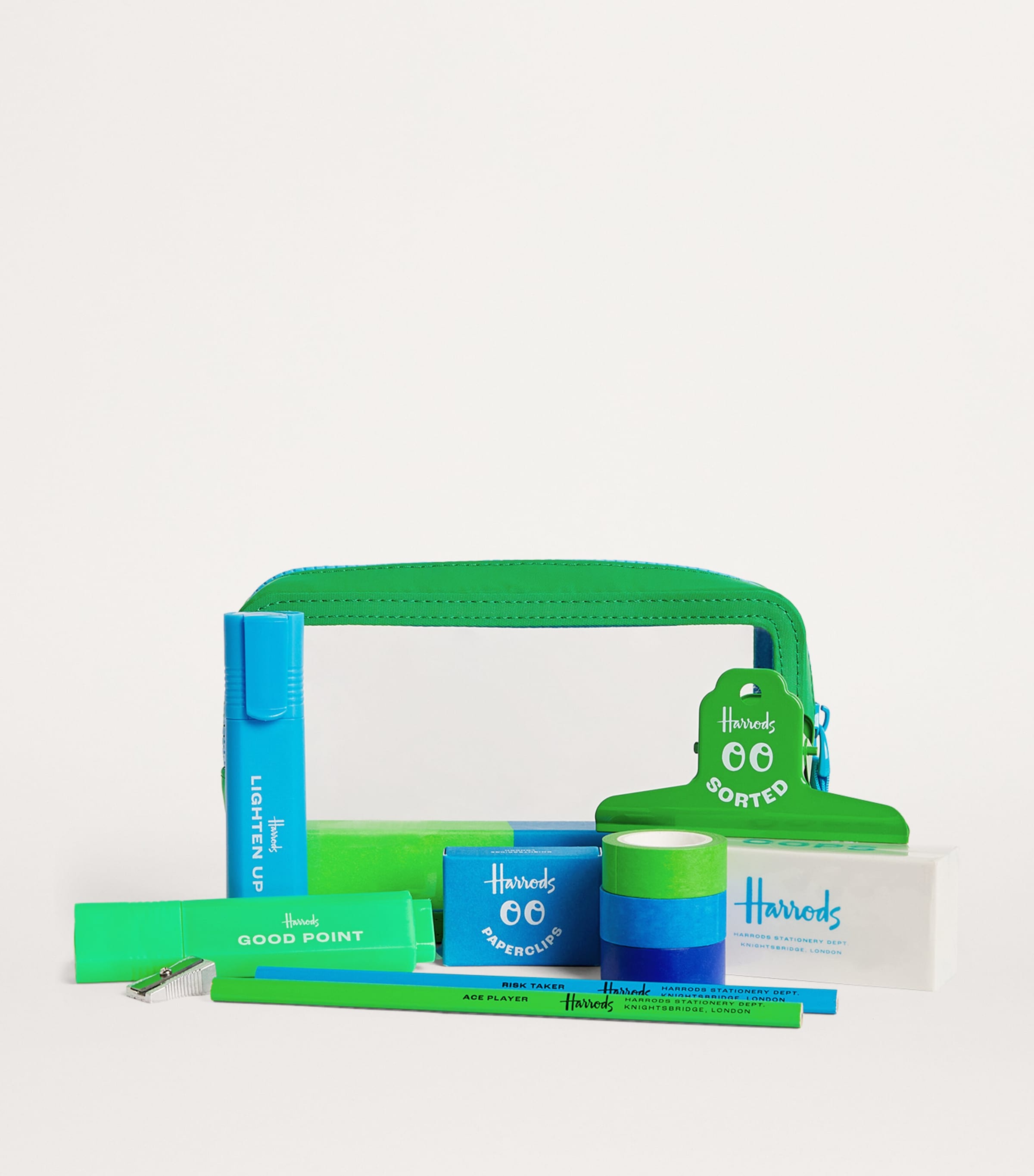 Harrods colourful pencil case set with highlighters and pencils, UK version