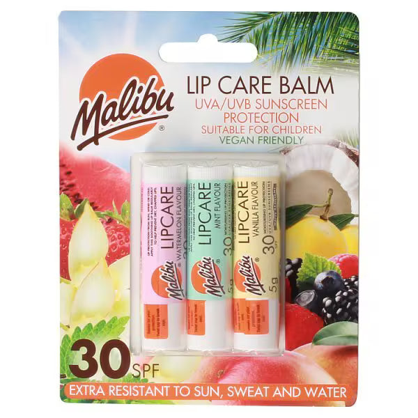 Malibu Lip Balm Triple Pack SPF30, imported from the UK