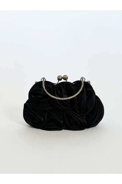 3D Rose clutch bag in black with chain strap (British brand)