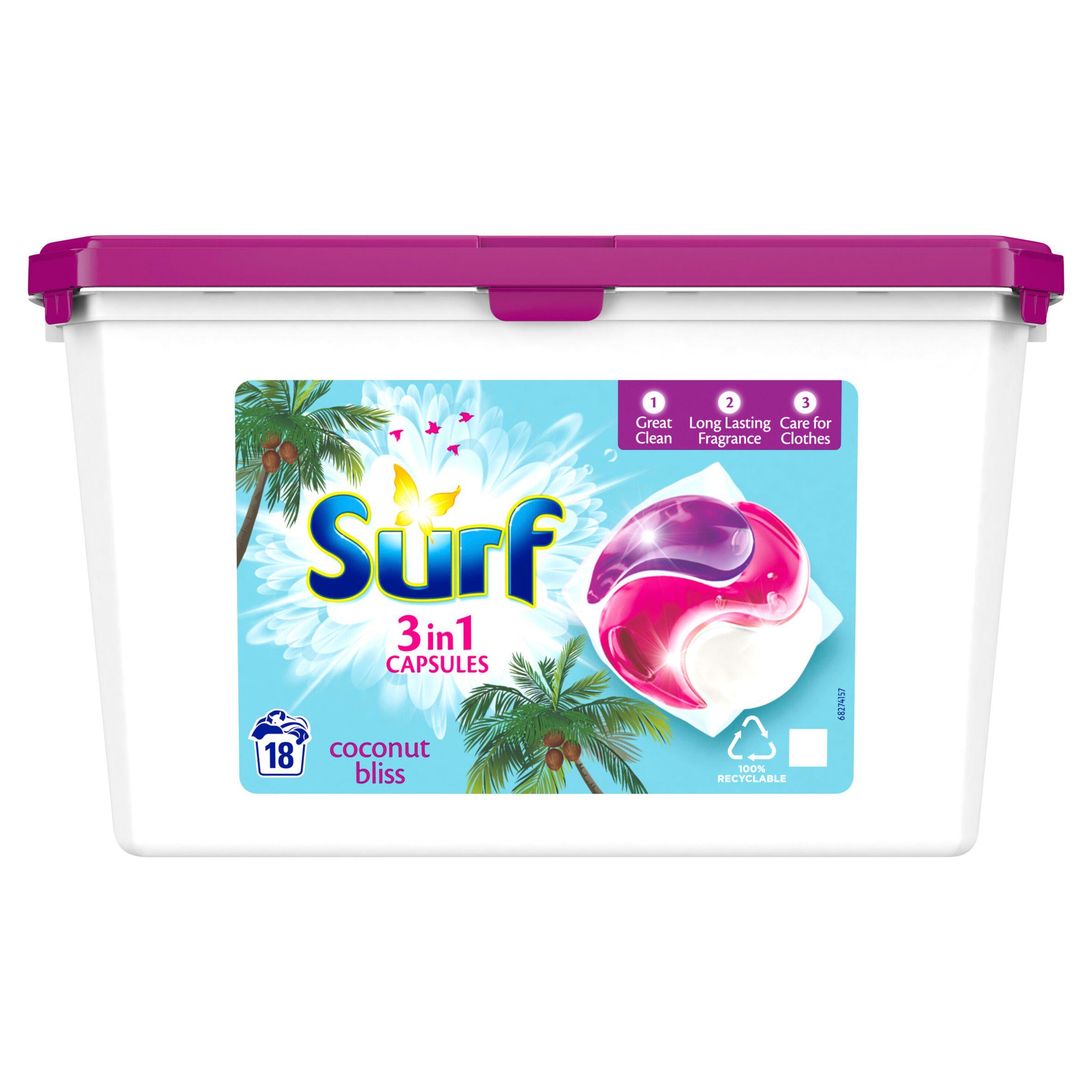 Surf Coconut Bliss 3 in 1 Laundry Detergent Washing Capsules 18 Washes Capsules Sainsburys   