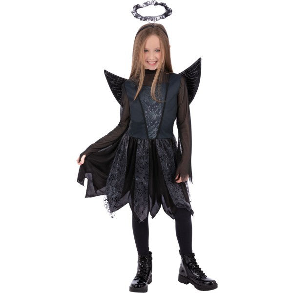 Smiffys girls dark angel costume with dress wings halo, imported from the UK