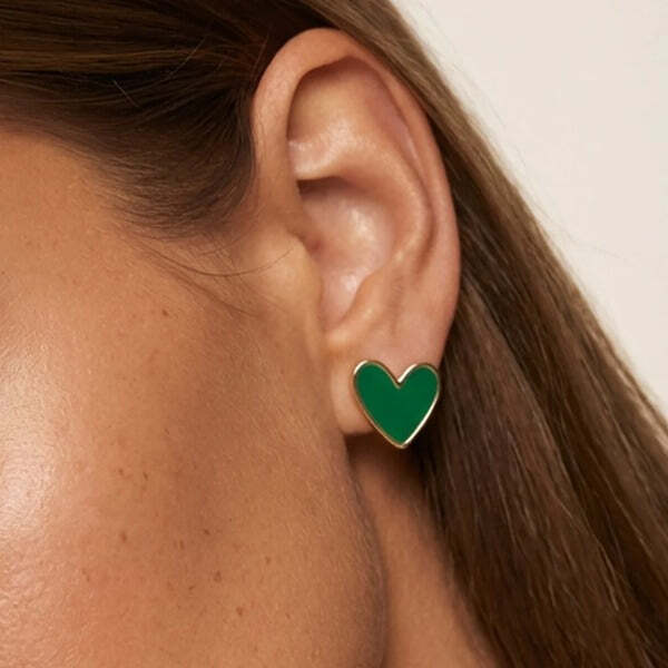 MUCHV green enamel heart stud earrings, imported from the UK